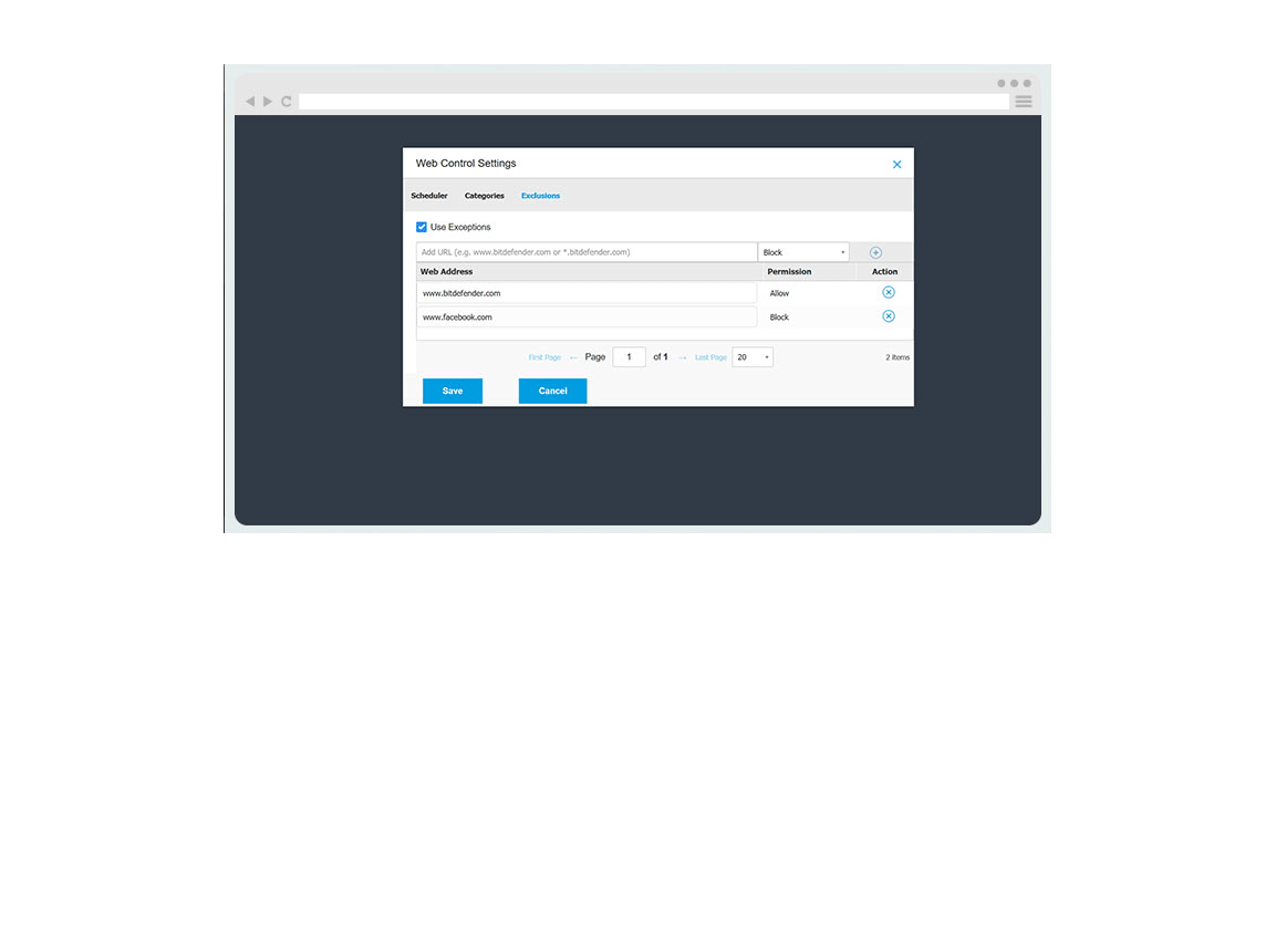Interfaz de GravityZone Business Security: ejemplo de captura de pantalla de los ajustes del Control web